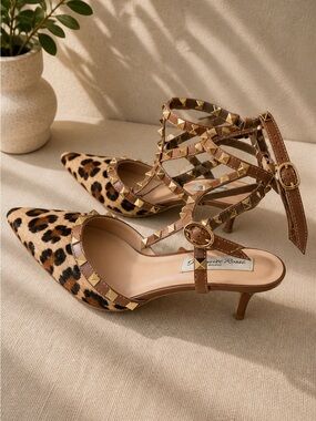 Leopard Calf Hair Rockstud Style Kitten Heels Studded Ankle Wrap Pumps 7.5